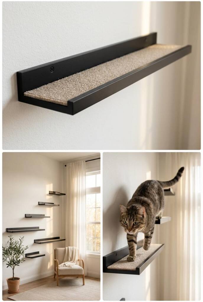 Series of floating black picture ledges mounted in a staggered zigzag pattern ascending a white wall from floor to ceiling, a