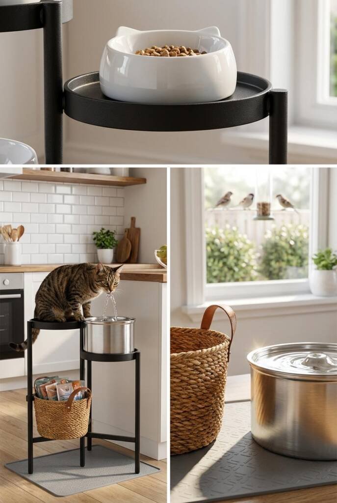 Three-tiered black metal plant stand with circular platforms, white ceramic bowl on top tier, stainless steel water fountain