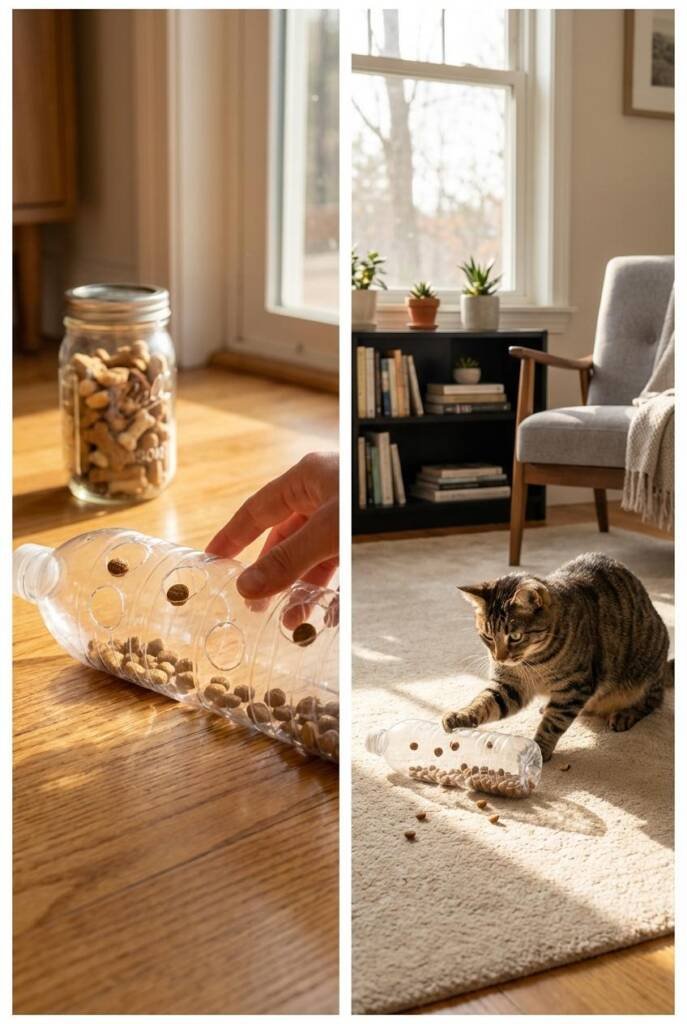 Vertical close-up of a transparent plastic bottle with evenly cut holes and kibble inside, a human hand nudging it to roll on