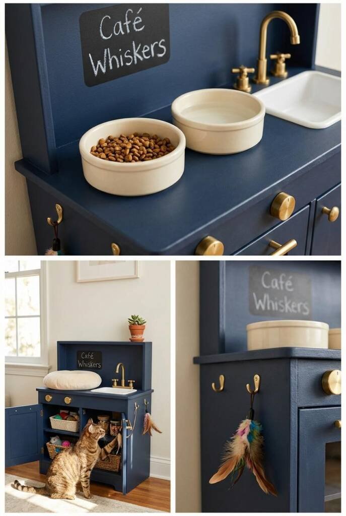 Miniature play kitchen painted in sophisticated matte navy blue with brass hardware accents, two ceramic bowls placed on the