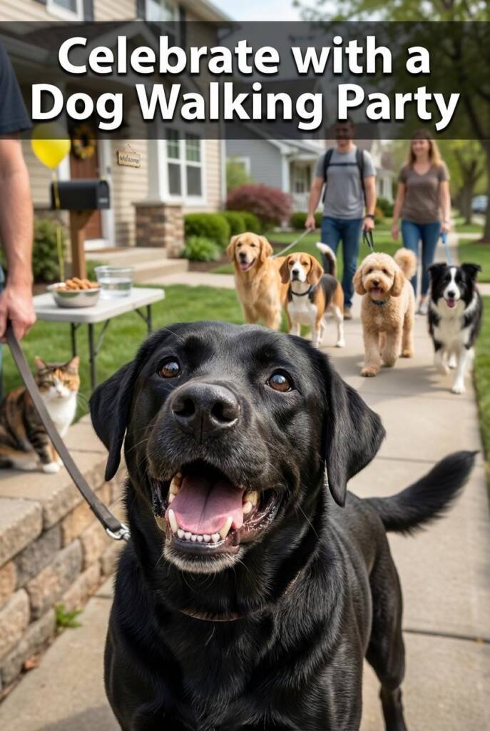 A real suburban street with 4-5 leashed dogs and their owners walking together as a group on the sidewalk. First house in the