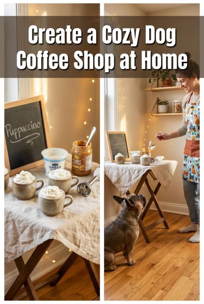 A real kitchen or living room corner transformed into a simple coffee shop setup. Small folding table with a tablecloth displ