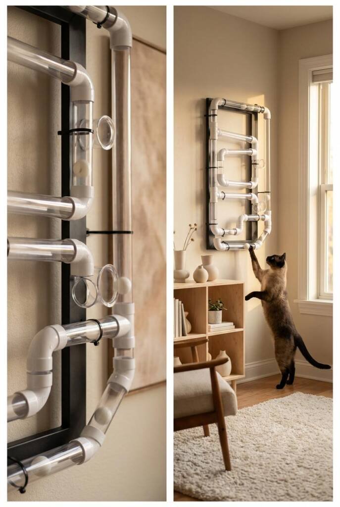 Vertical image of a clear PVC ball track mounted along a wall with elbow joints and small reach-in openings, ping pong balls