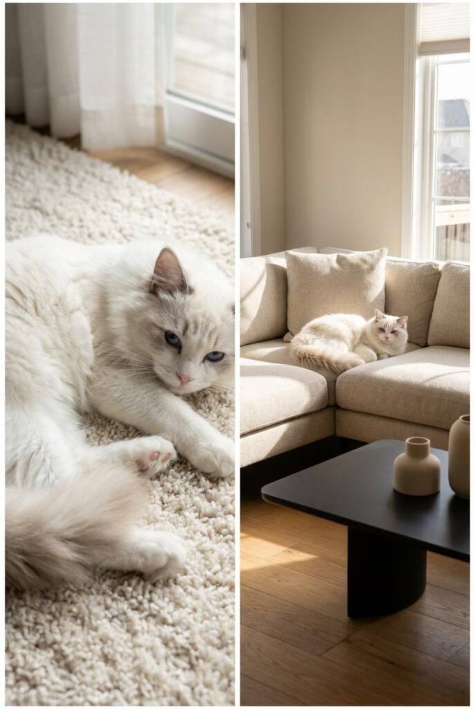 White Ragdoll cat lying loosely stretched out, illustrating one of the most relaxed and affectionate white cat breeds. The se