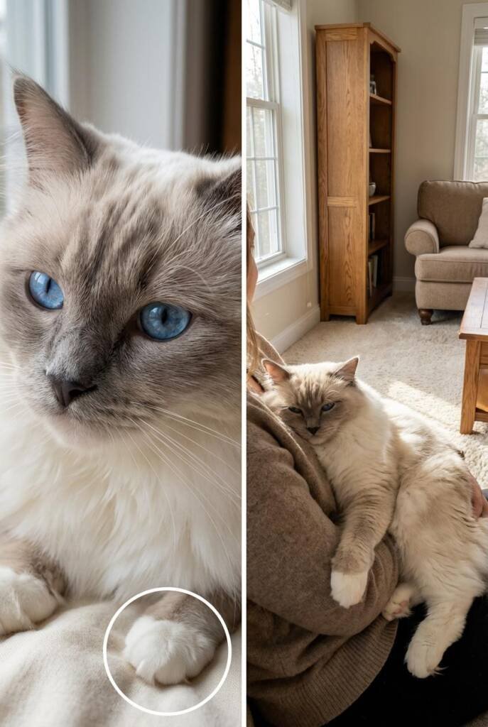 A large Ragdoll cat with cream-white body and subtle darker points, displaying characteristic bright blue almond-shaped eyes.