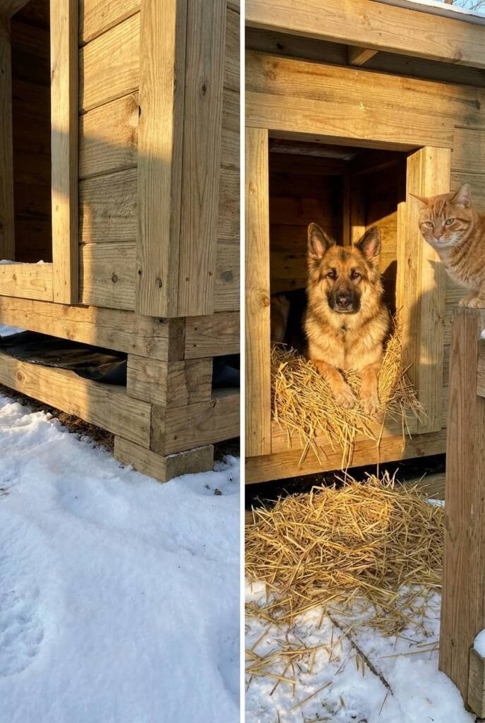 A happy German Shepherd nestled comfortably in deep golden wheat straw bedding inside a raised wooden dog house. The dog hous