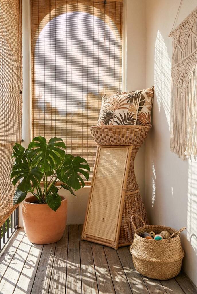 Asymmetrical rattan basket tower styled like a sculptural totem but designed for real scratching—outer basket surfaces wrappe