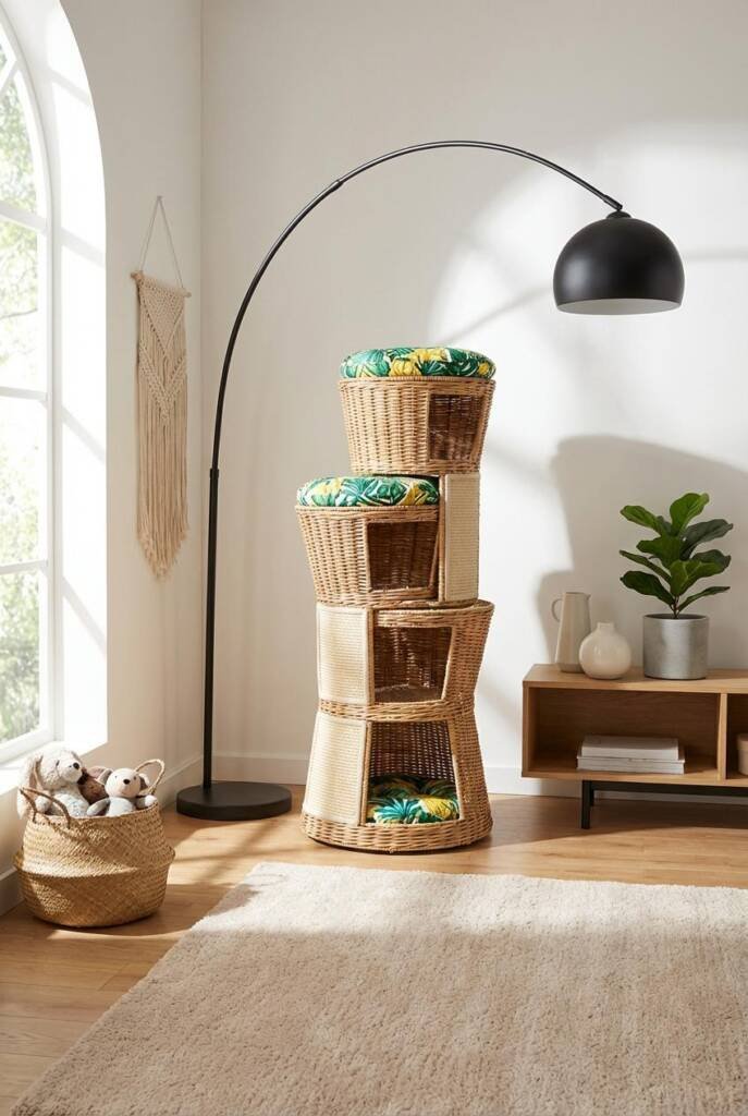 Asymmetrical rattan basket tower styled like a sculptural totem but designed for real scratching—outer basket surfaces wrappe