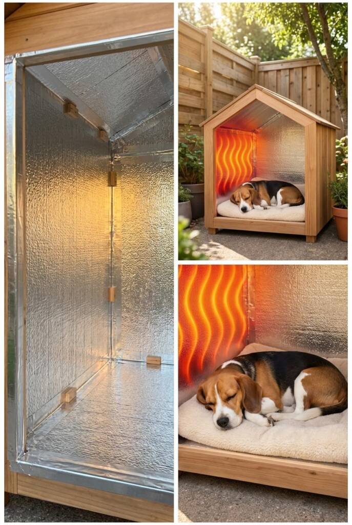 A Beagle curled up comfortably inside a dog house with shiny silver foil-faced insulation boards lining all interior walls. T