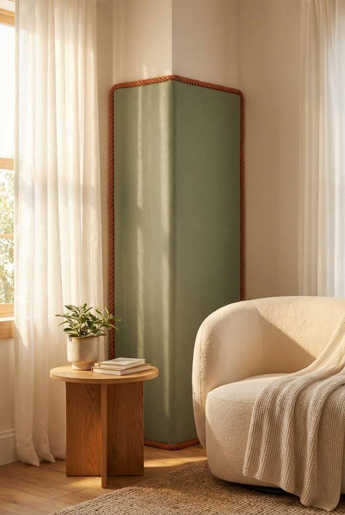 A sharply tailored architectural corner wrap in matte sage canvas with oversized terracotta rope piping that outlines the wal