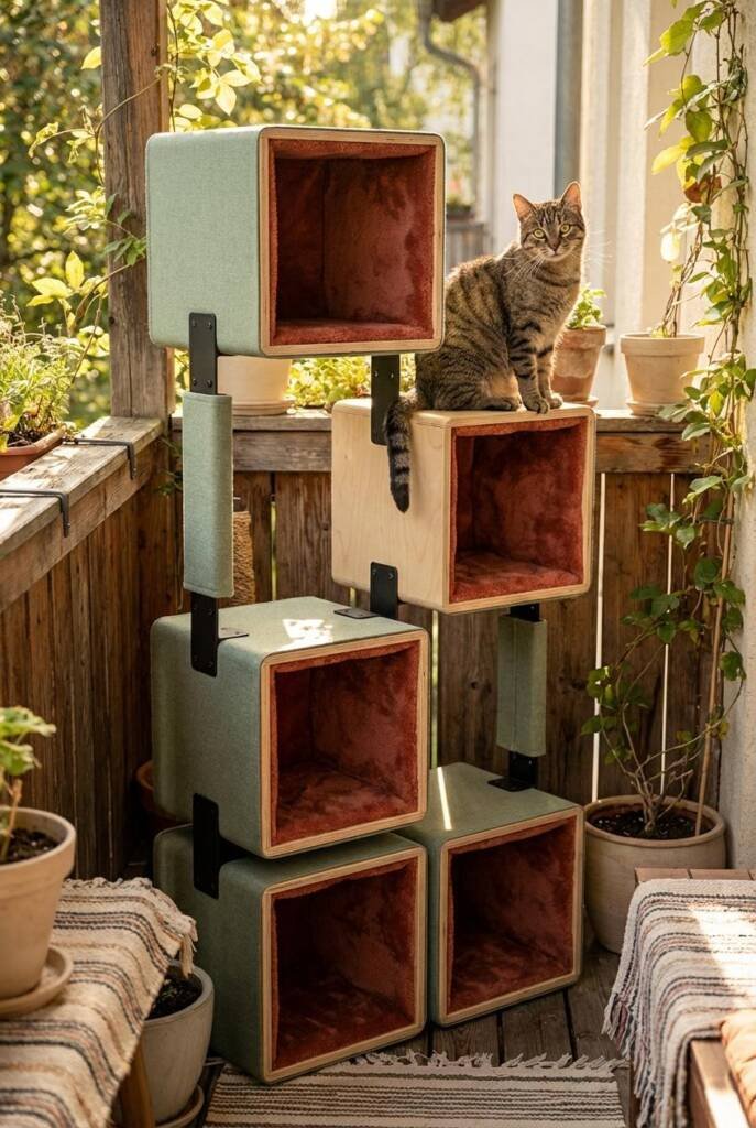 A modular tower of staggered sage-wrapped cubes with deep terracotta-lined interiors, stacked in an offset formation that fee