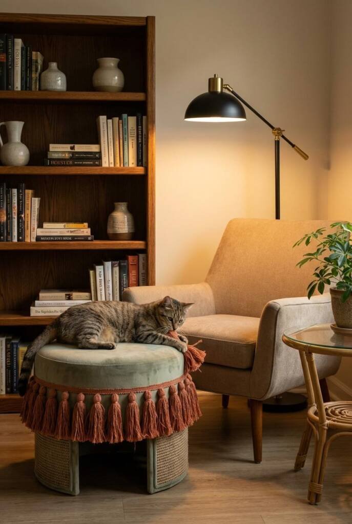 A luxurious round velvet ottoman in muted sage with an exaggerated fringe of oversized terracotta tassels, hiding integrated