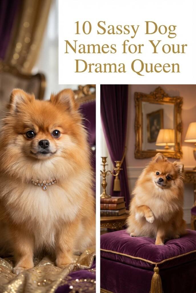 A regal Pomeranian or small fluffy dog wearing a tiny jeweled collar, sitting on a velvet cushion with perfect posture, one p