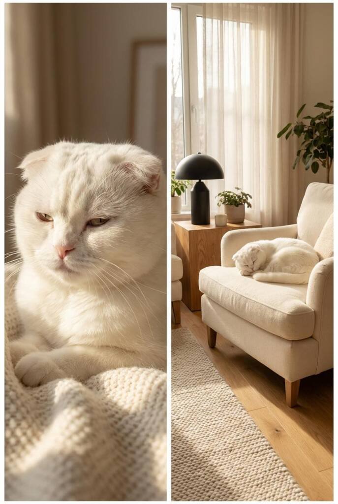 White Scottish Fold cat sitting calmly with ears folded forward, highlighting one of the most gentle-looking white cat breeds