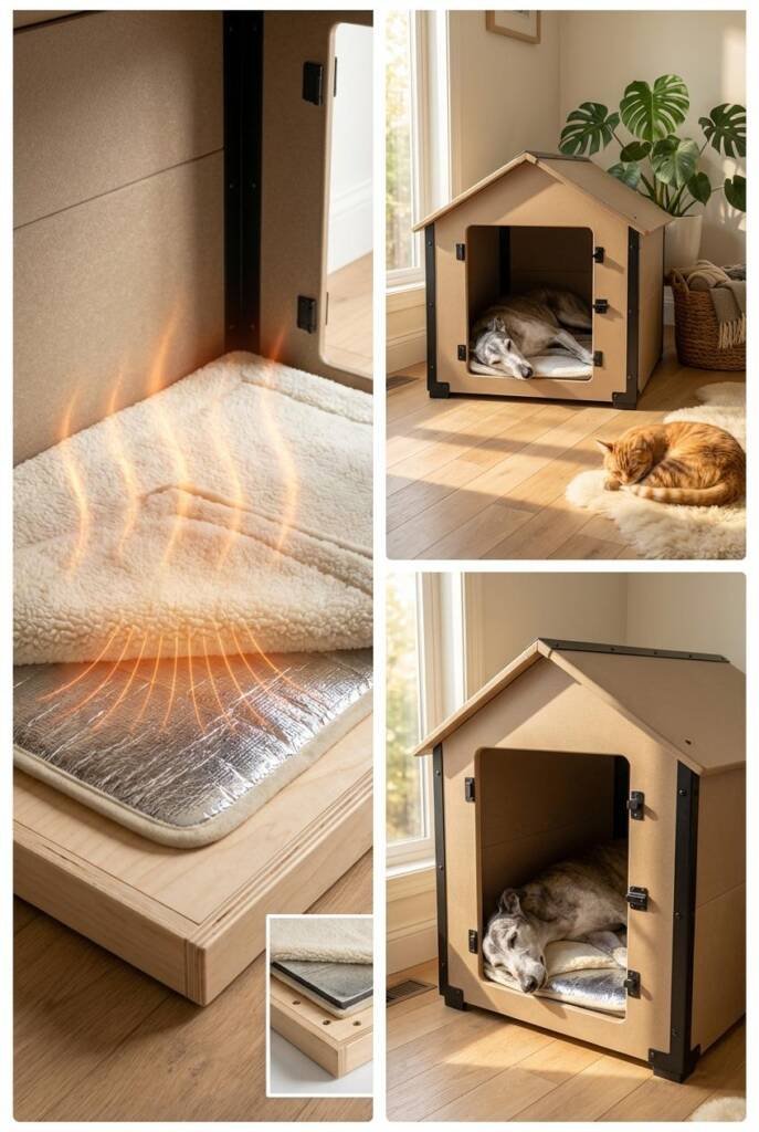 A senior Greyhound with grey muzzle lying peacefully on a silver reflective thermal pad inside a well-insulated dog house. Th