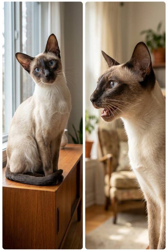 White-bodied Siamese cat with darker points sitting upright, emphasizing the sleek, expressive traits of vocal white cat bree