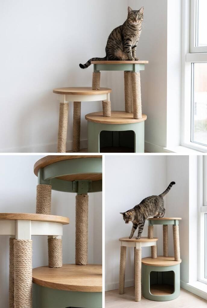 Three small round wooden side tables stacked at staggered heights creating a tower structure, one table flipped upside-down a