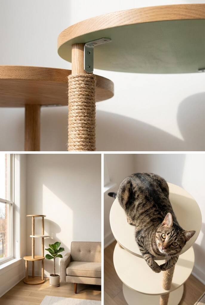 Three small round wooden side tables stacked at staggered heights creating a tower structure, one table flipped upside-down a