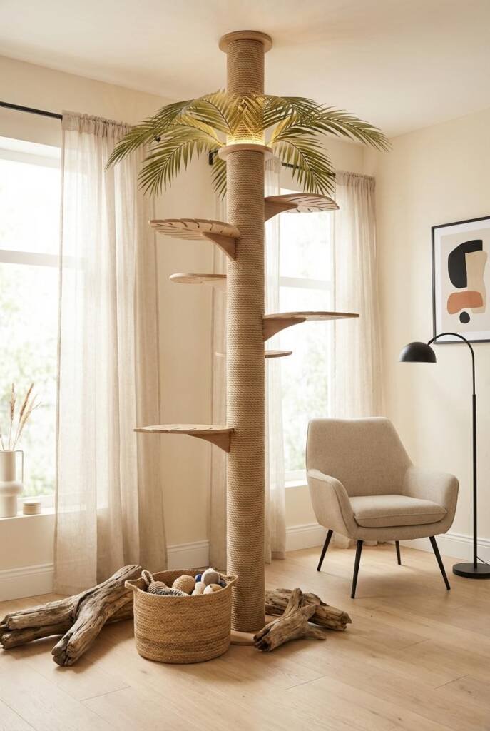 Floor-to-ceiling palm-inspired scratching tower treated like architectural art, wrapped in thick sisal with sculpted, leaf-sh