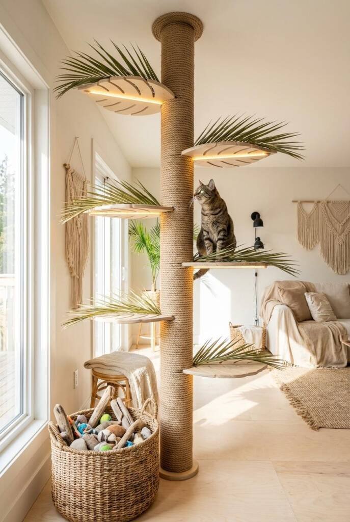 Floor-to-ceiling palm-inspired scratching tower treated like architectural art, wrapped in thick sisal with sculpted, leaf-sh