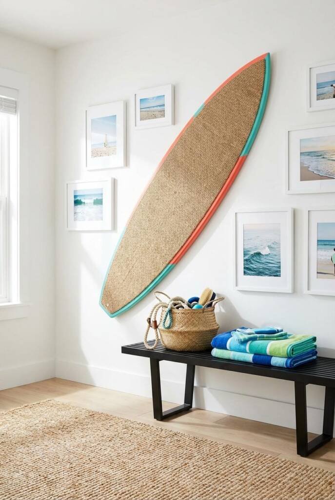Clean white wall with a sculptural surfboard-shaped scratcher mounted diagonally, fully wrapped in sisal except for its brigh