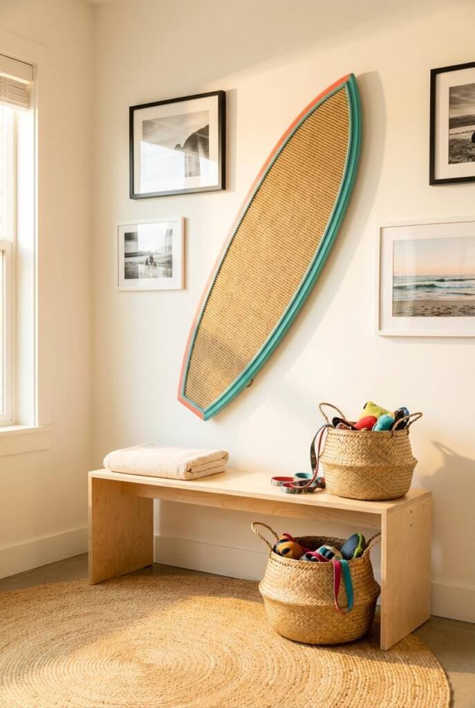 Clean white wall with a sculptural surfboard-shaped scratcher mounted diagonally, fully wrapped in sisal except for its brigh