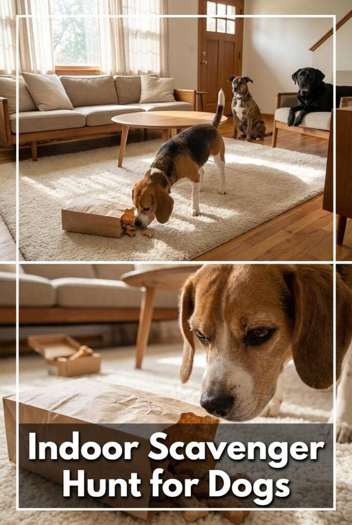 An authentic living room interior with a Beagle or mixed breed dog nose-down on carpet, intensely focused on sniffing near a