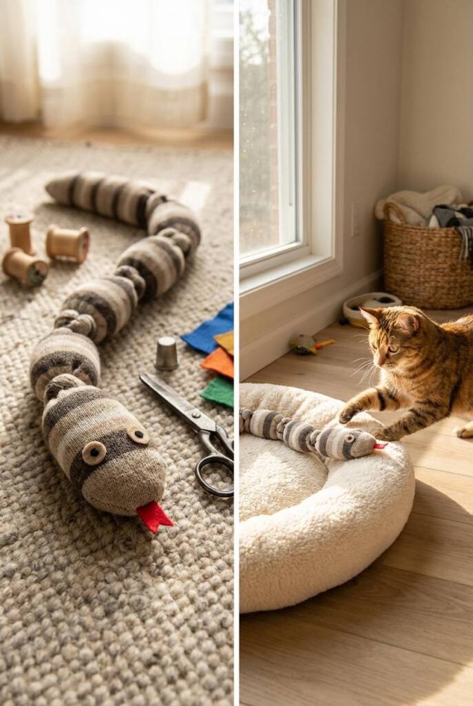 Vertical image of a long stuffed knee-high sock with segmented knots, subtle felt eyes and a small tongue at one end, sewing