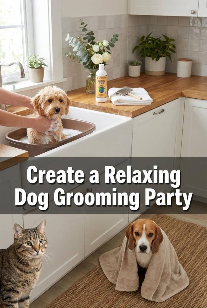 A realistic bathroom or kitchen with a small-to-medium dog getting a bath in an actual plastic tub or sink. Gentle bubbles wi