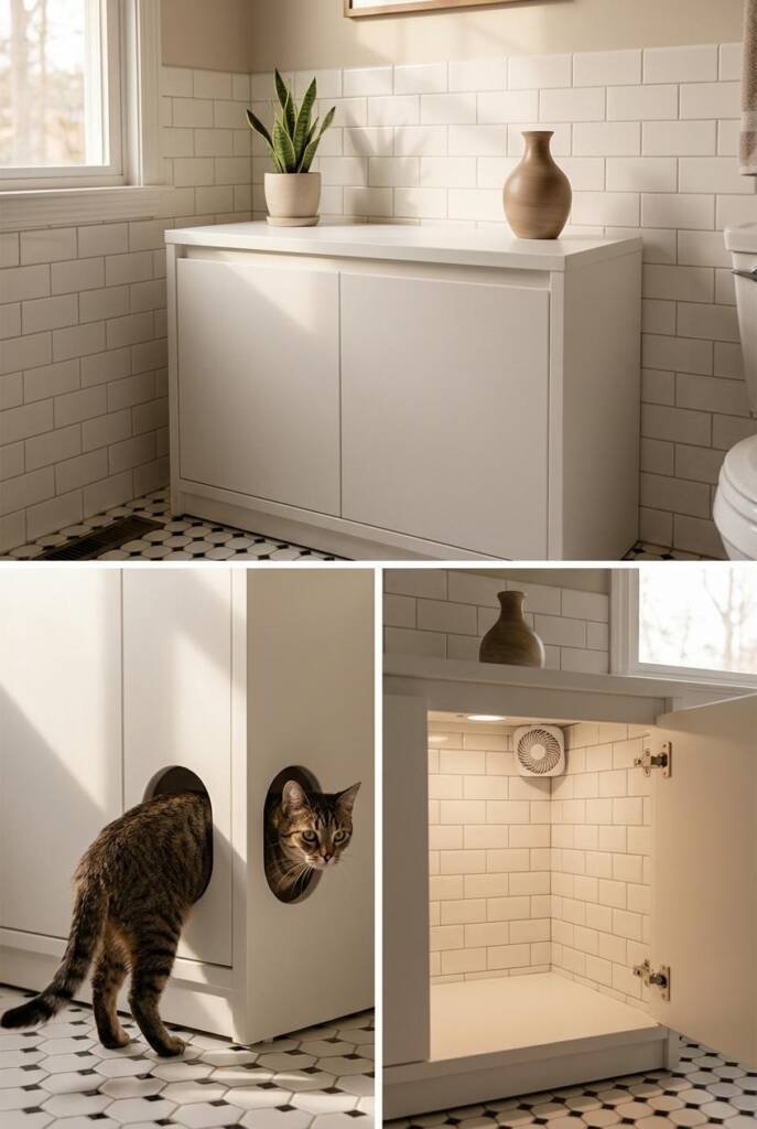 Low white storage cabinet with clean lines and two side-by-side doors, a rounded 6-inch entrance hole cut into the right side