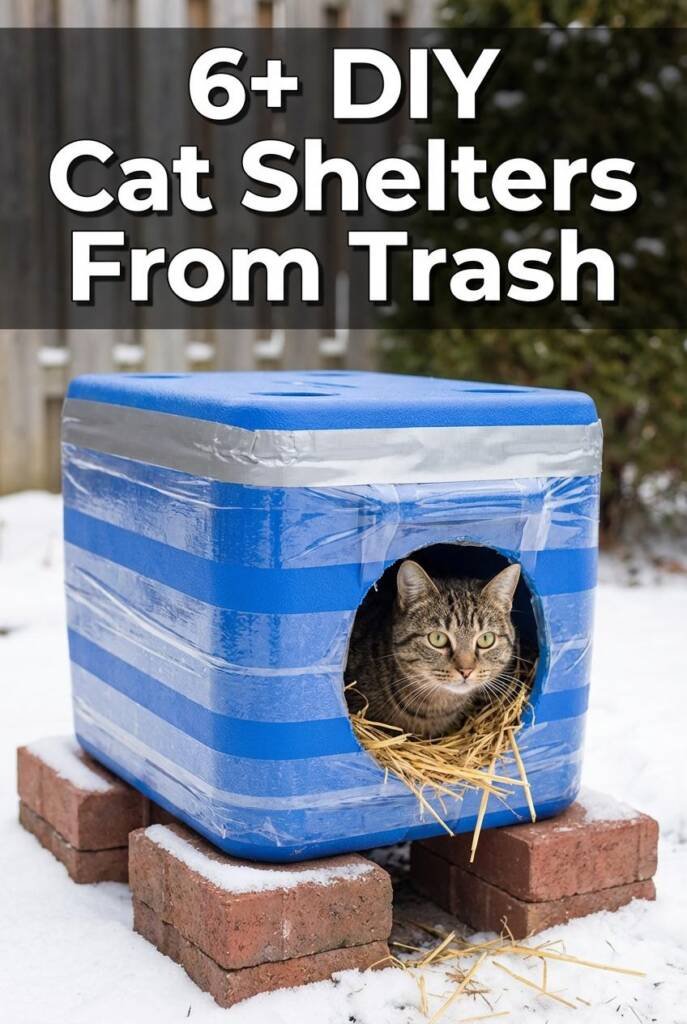 A blue styrofoam cooler transformed into a cozy outdoor shelter, elevated on red bricks against a wooden fence. The cooler ha