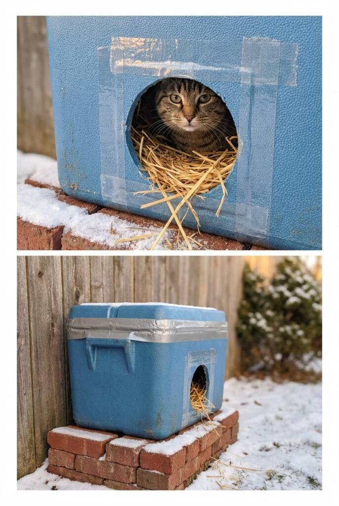A blue styrofoam cooler transformed into a cozy outdoor shelter, elevated on red bricks against a wooden fence. The cooler ha