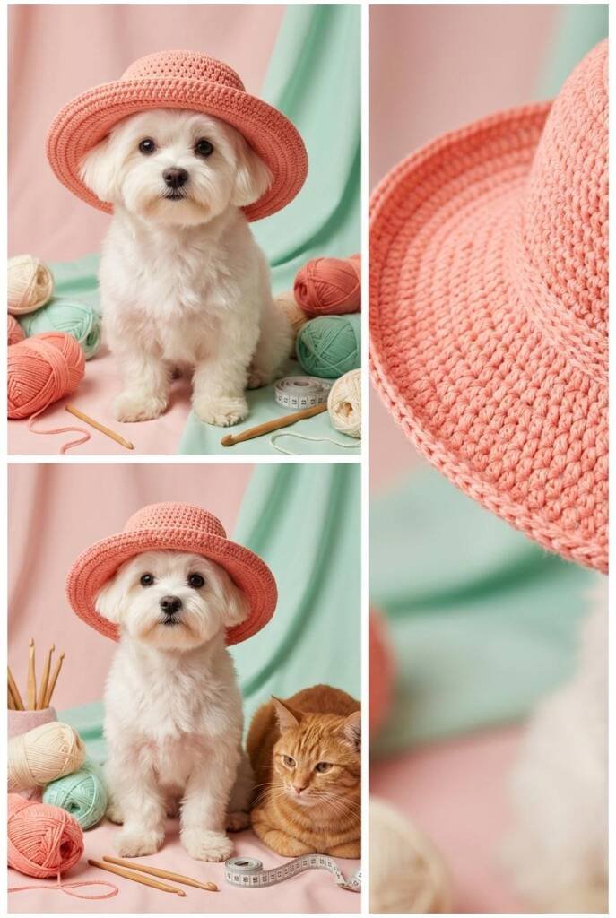 A white or cream-colored dog (like a Maltese or Bichon Frise) wearing a wide-brimmed sun hat crocheted in soft cotton yarn wi