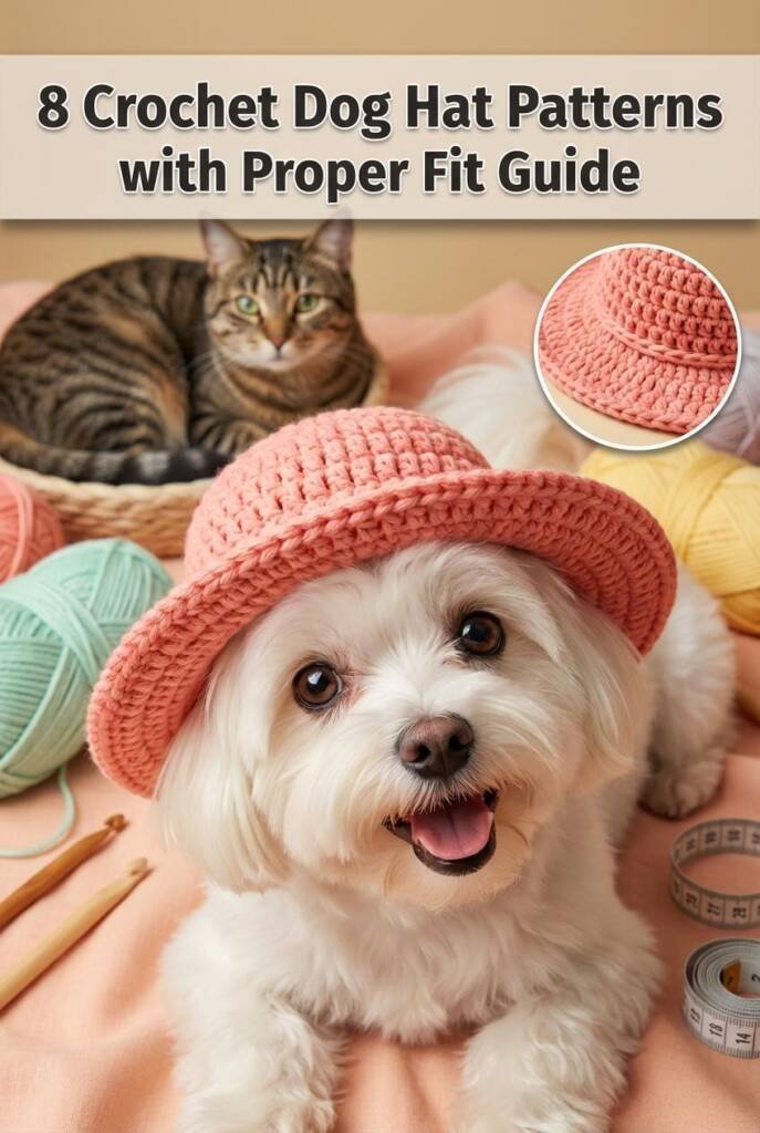 A white or cream-colored dog (like a Maltese or Bichon Frise) wearing a wide-brimmed sun hat crocheted in soft cotton yarn wi
