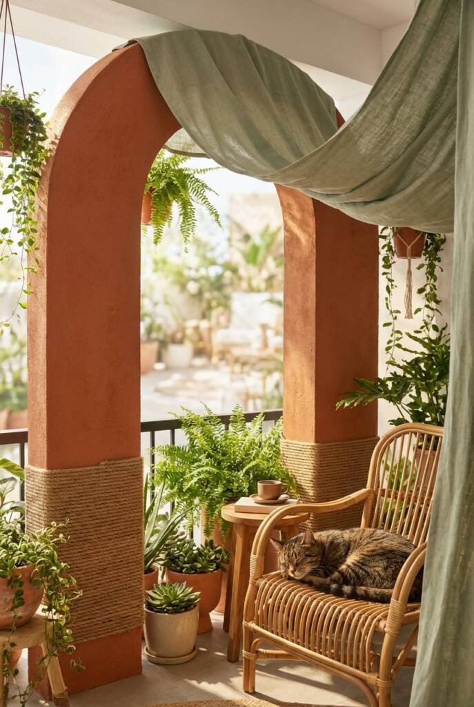 A bold freestanding terracotta archway with a flowing sage linen canopy draped across the top, forming an architectural room