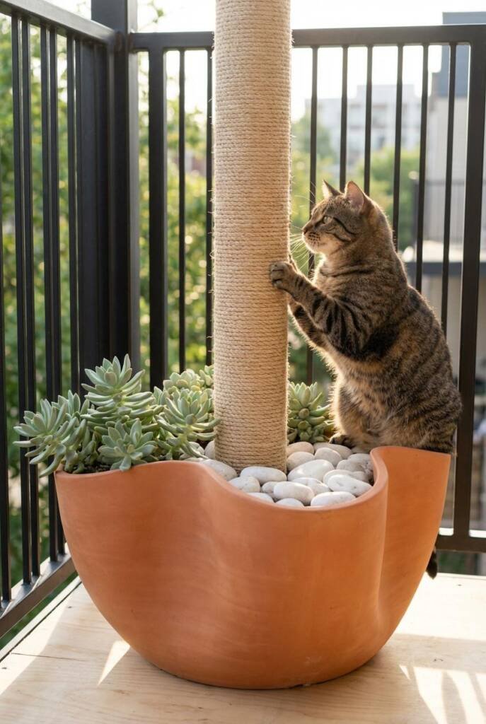 A monumental terracotta planter with sculptural curves holding a central sisal post that rises like a desert tree, surrounded