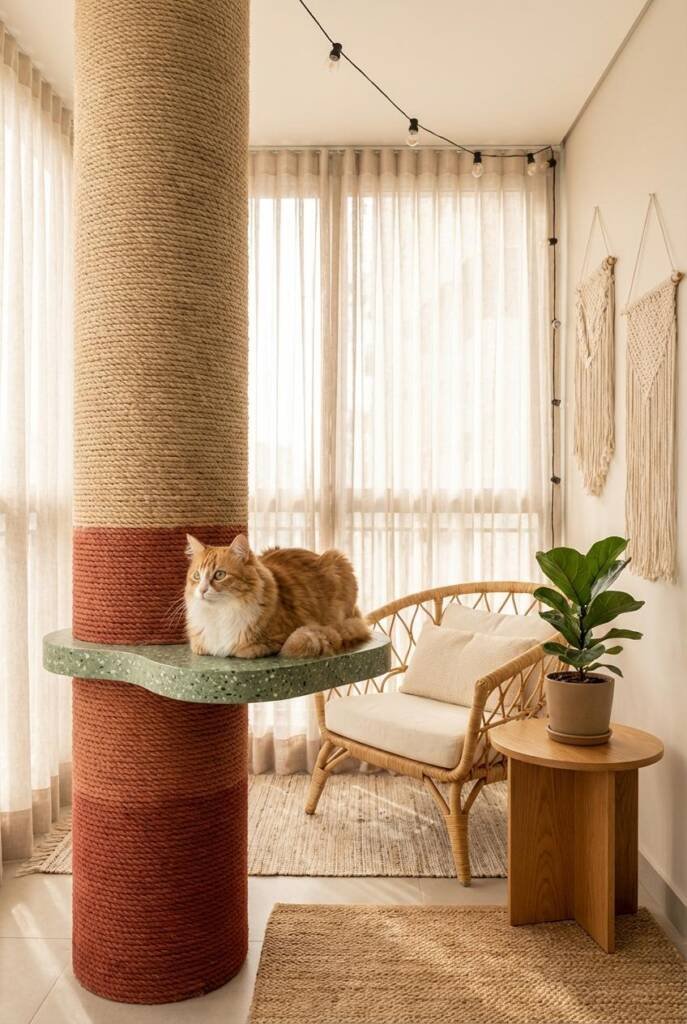 A dramatic floor-to-ceiling sisal column with a bold terracotta dip that fades upward into raw fiber, topped mid-height with