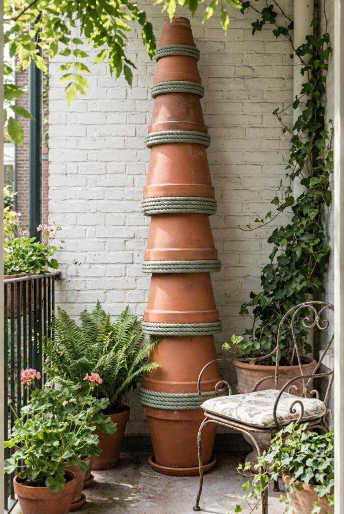 A stacked tower of graduated terracotta pots with thick sage rope bands wrapped at each junction, forming a vertical sculptur