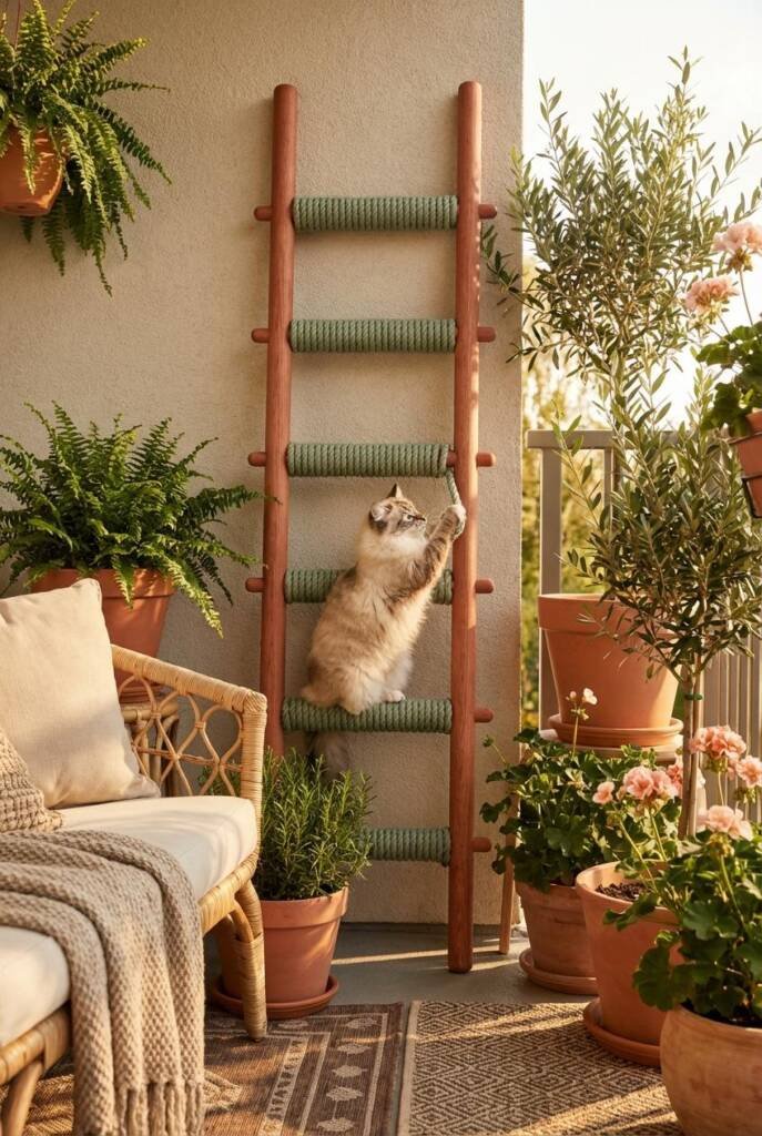 A sculptural terracotta-stained wooden ladder with thick sage rope tightly wrapped around each rung, transforming the simple