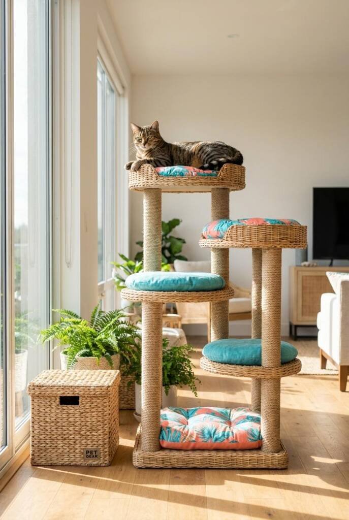 Multi-level rattan platform tower functioning as a real climbing and scratching system: vertical posts wrapped securely in na