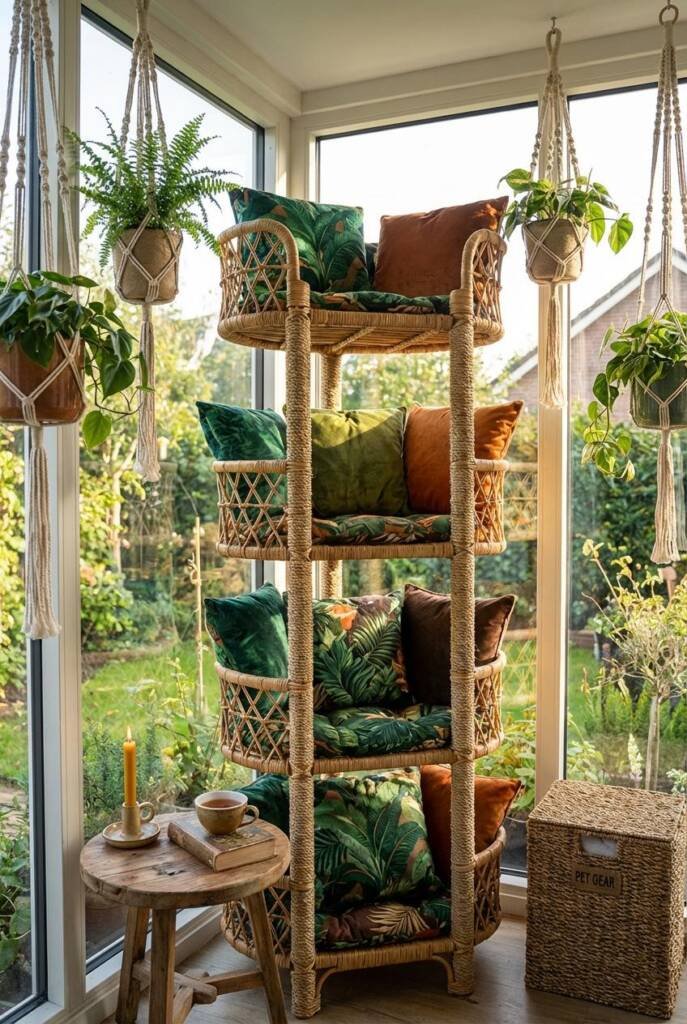 Multi-level rattan platform tower functioning as a real climbing and scratching system: vertical posts wrapped securely in na