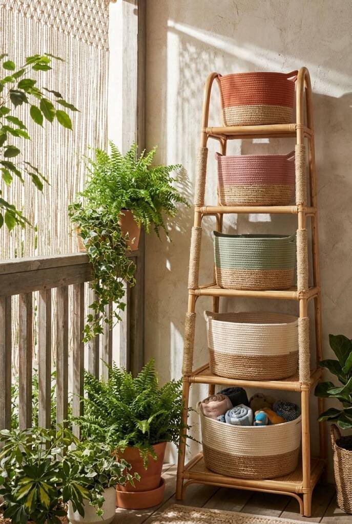 An airy sculptural rattan ladder displaying a gradient of handcrafted woven baskets in terracotta, dusty rose, sage, and crea