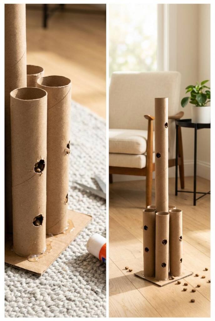 Vertical close-up of upright toilet rolls glued to a cardboard base, each roll punched with small holes and kibble visible in