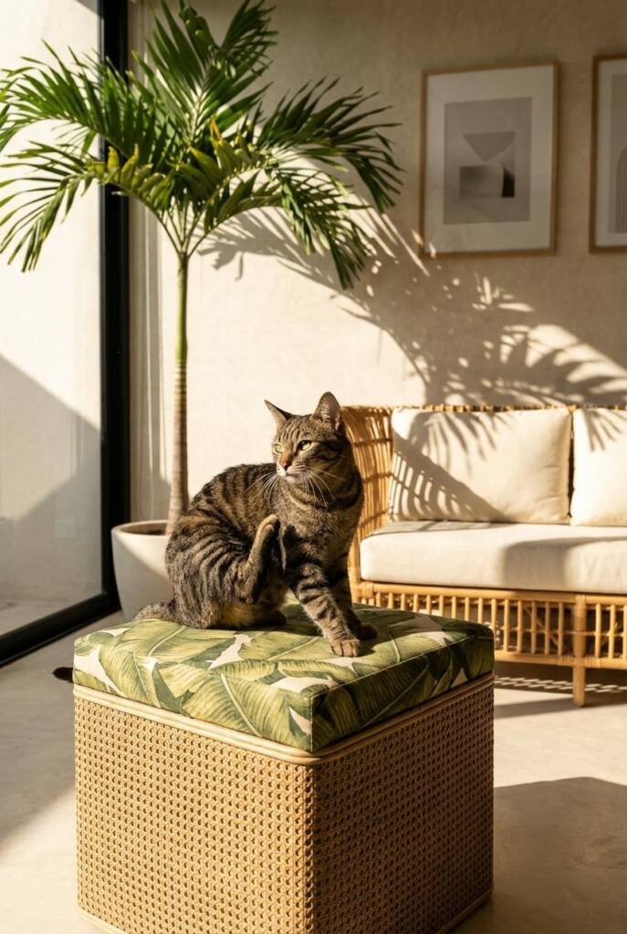 Modern tropical living room highlighting a cube ottoman upholstered in banana-leaf fabric reinforced with a tough woven overl