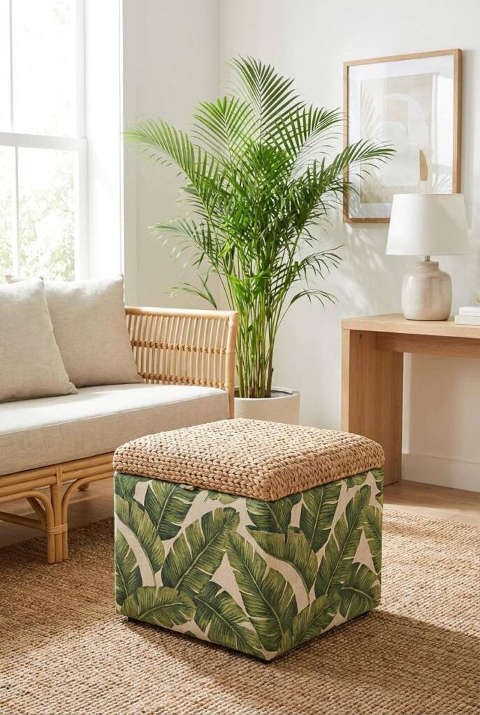 Modern tropical living room highlighting a cube ottoman upholstered in banana-leaf fabric reinforced with a tough woven overl