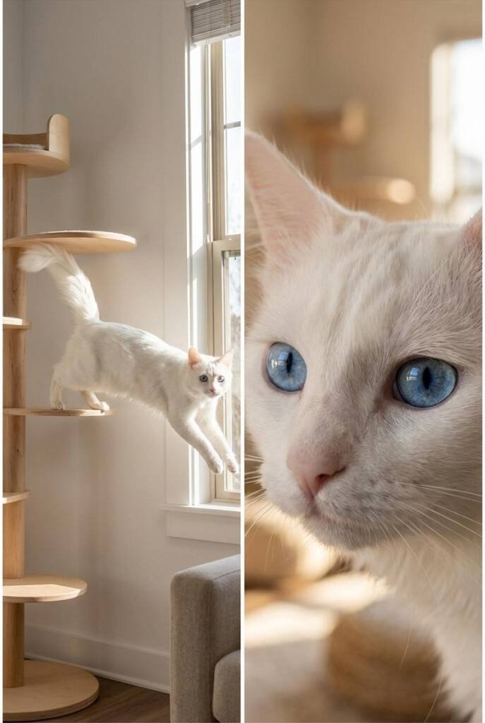 An elegant white Turkish Angora in mid-leap or climbing action showing athletic ability. Pure white flowing coat catches ligh