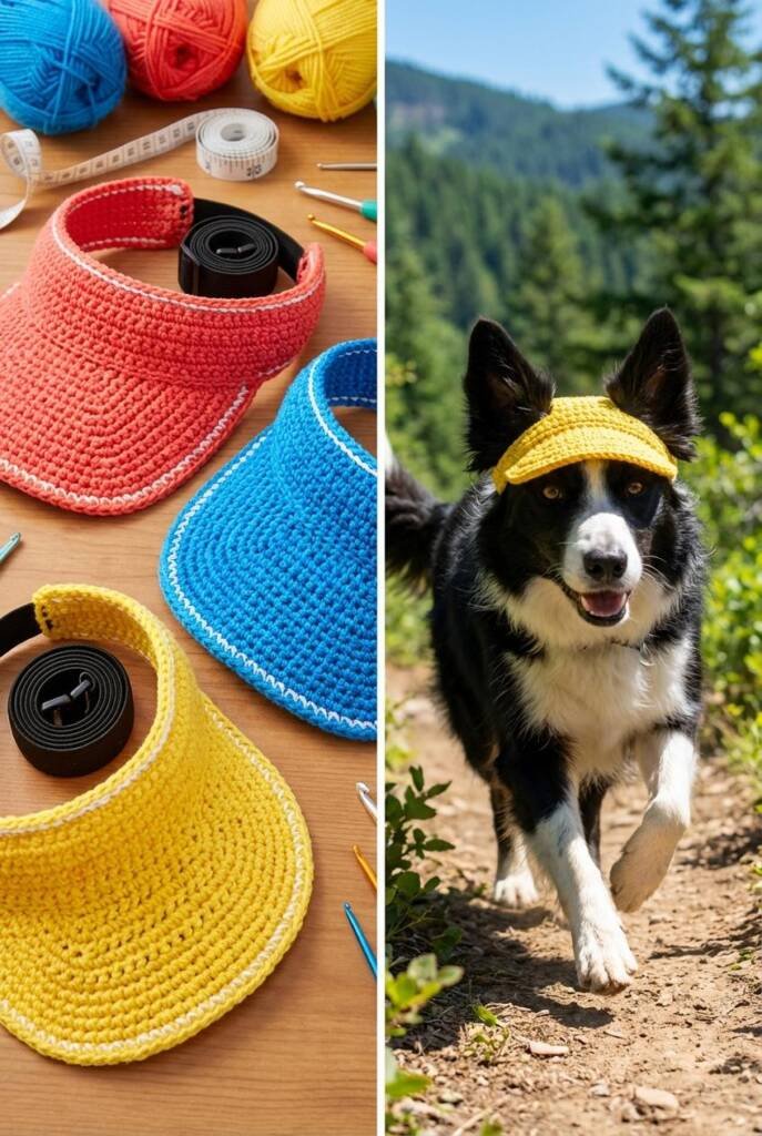 An energetic Border Collie or Australian Shepherd wearing a sporty crocheted visor in bold colors (bright coral, electric blu