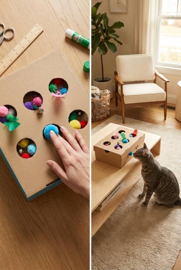 Vertical overhead shot of a shoebox lid with 5–6 evenly cut holes, colorful pom poms and toys peeking through, a human hand p