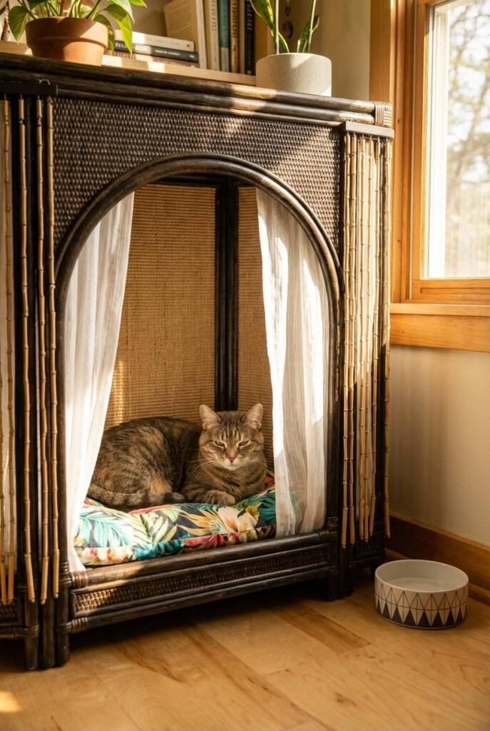 Resort-style cabana corner with a wicker hut built for scratching—inner walls lined entirely with smooth, high-quality sisal