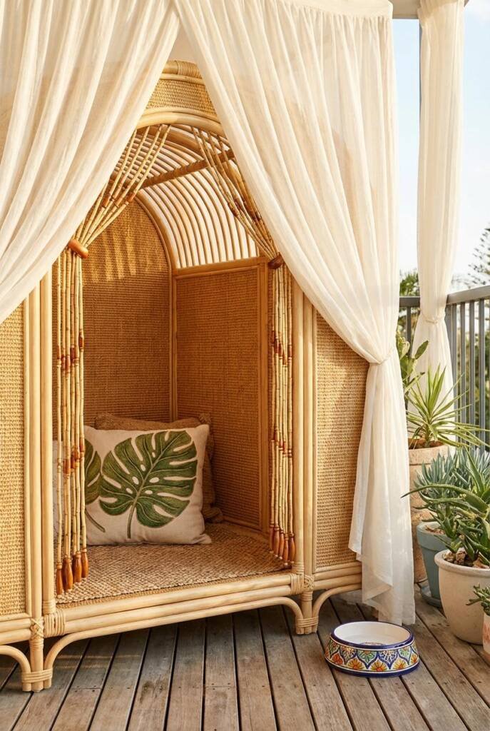 Resort-style cabana corner with a wicker hut built for scratching—inner walls lined entirely with smooth, high-quality sisal
